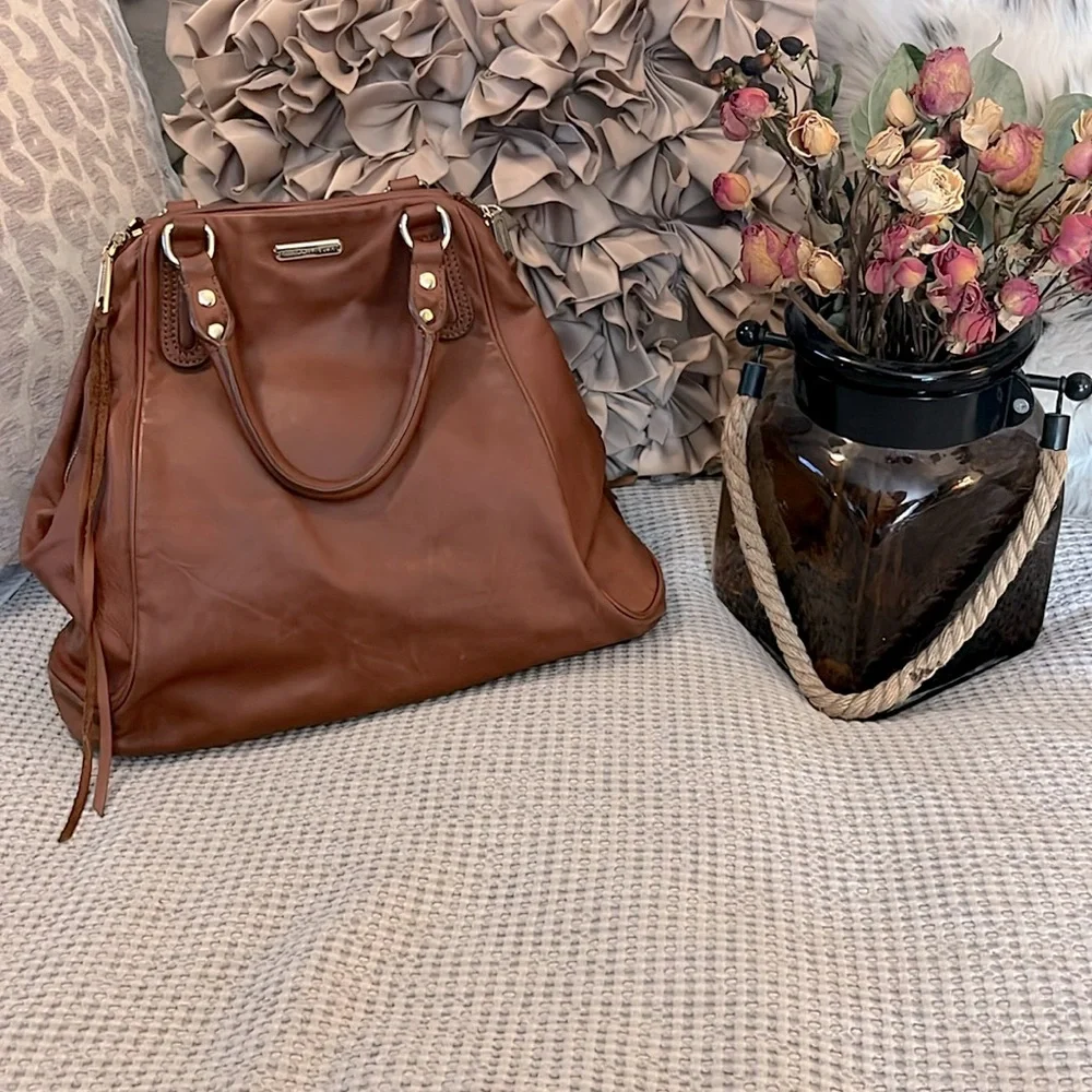 Rebecca Minkoff Cognac Tan Brown Leather Satchel Laptop Carry On Tote Bag Purse